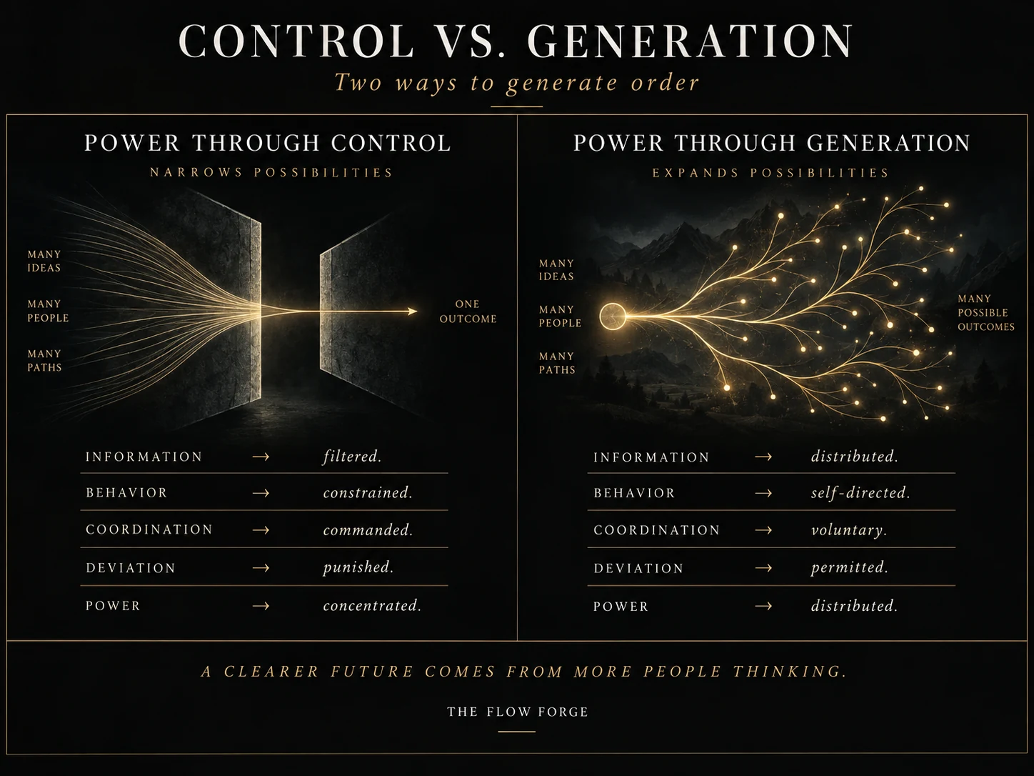 Control vs Generation: command narrows; generation multiplies.