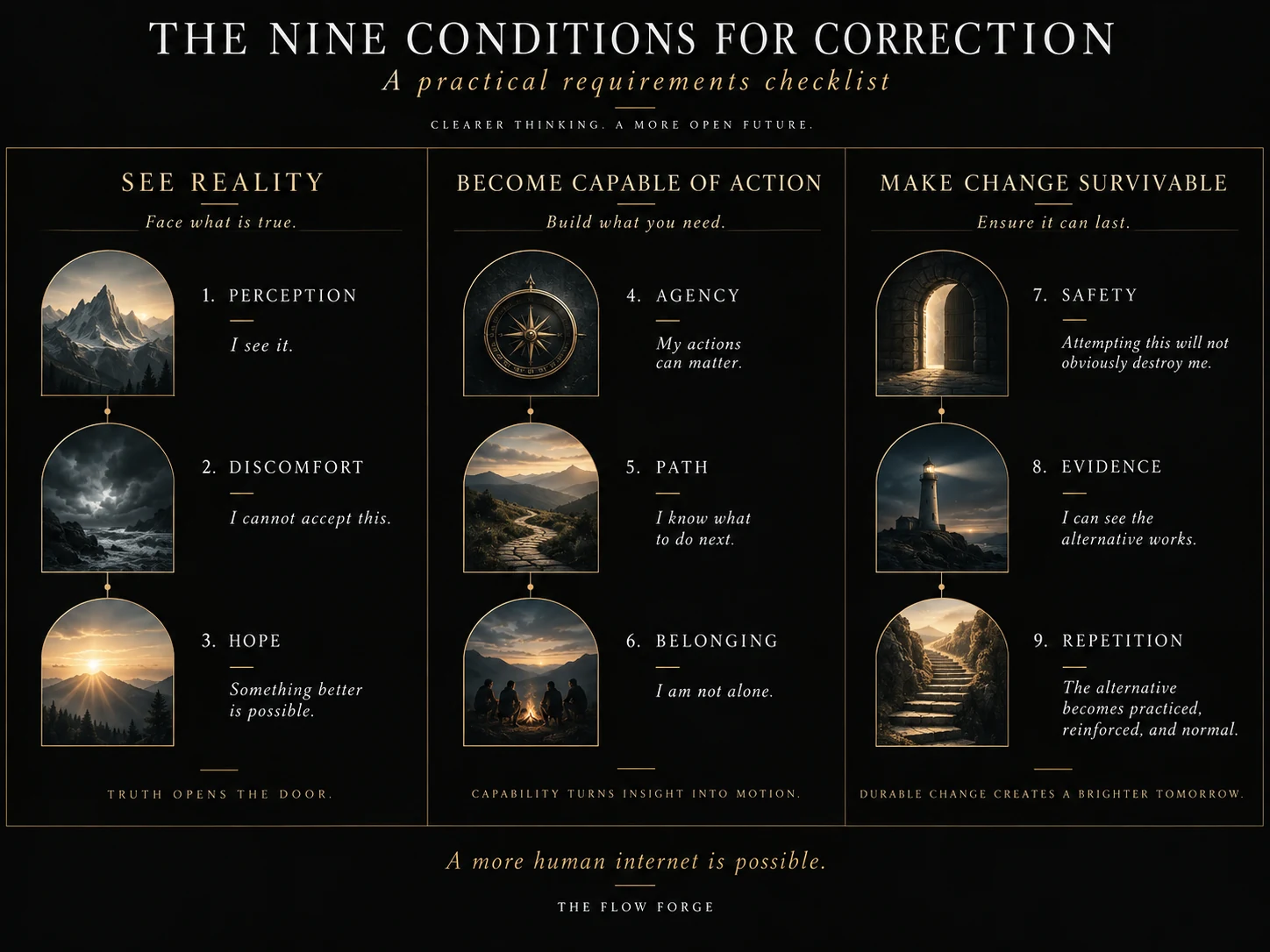 Nine Conditions for Correction: Perception, Discomfort, Hope; Agency, Path, Belonging; Safety, Evidence, Repetition.