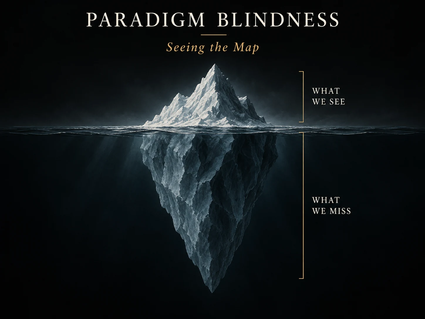 Paradigm Blindness: iceberg showing What We See above the waterline and What We Miss below.